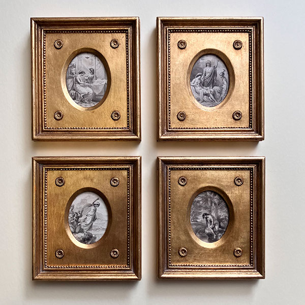 Handmade miniature frames for six exquisite prints requiring an oval aperture.  